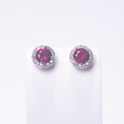 925 Sterling Silver Stud Earrings with Red and Clear CZ Accents