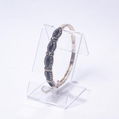 Sterling Silver Hinged Bracelet with Black Onyx & Marcasite