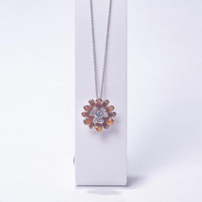 925 Sterling Silver Enamelled Flower Pendant with Cubic Zirconia and Chain