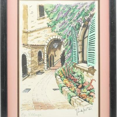 Framed Halontan Signed Etching of Èze Village