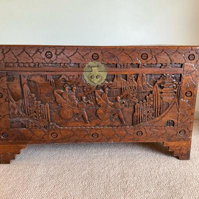 Vintage Chinese Carved Camphor Wood Trunk
