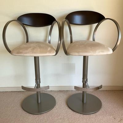 Pair of Modern Metal & Wood Adjustable Barstools 
