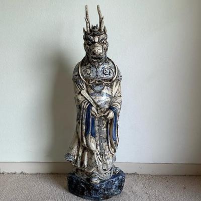 Monumental Ming Dynasty Style Blue And White Anthropomorphic Horned Horse Deity