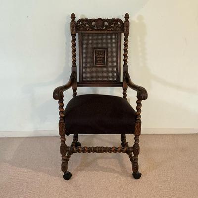Wood-Carved Cane Back Arm Chair