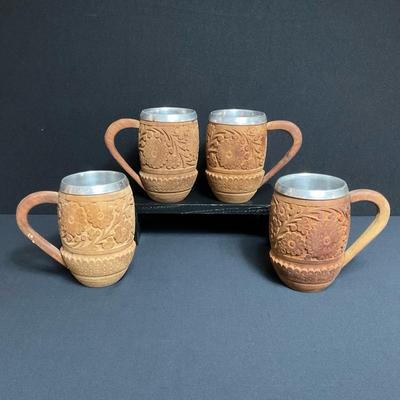 Vintage German Hand-Carved Mugs With Aluminum Inserts