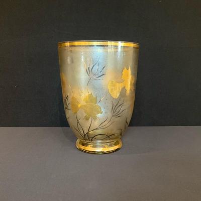 Monumental Etched Glass Vase With Gold Fish Overlay