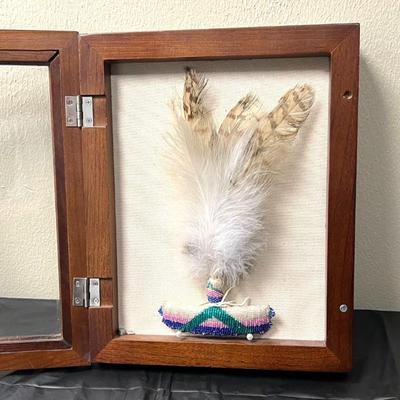 Lot #6 - Native American Hand Beaded Barrette w/ Feathers- Girl's Fancy Dance Hair Decoration- Stored in 9" x 12" Shadow Box