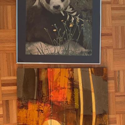 Framed Panda Print and Abstract Flower Painting