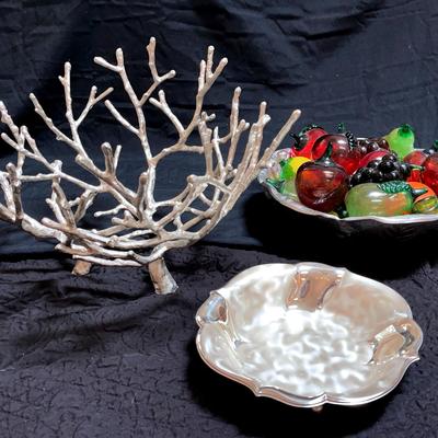 3 Silver Bowls and Decorative Glass Fruit