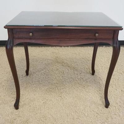 1245	POOLEY FURNITURE CO MAHOGANY TABLE WITH PULL OUT DRAWER WRITING SURFACE, APPROXIMATELY 34 IN X 24 IN X 30 IN H
