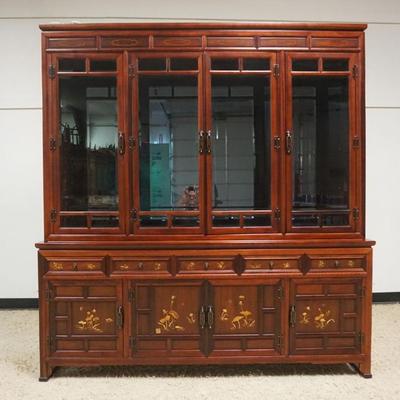 1200	ROSEWOOD 2 PART ASIAN BREAKFRONT WITH CARVED PULLS, INLAY DRAWER AND DOOR FRONTS, BEVELED GLASS DOOR AND LIGHTED INTERIOR, CHARACTER...