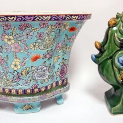 1119	ASIAN POTTERY PLANTER ON POTTERY STAND, APPROXIMATELY 14 IN X 9 IN X 10 IN H AND ROOSTER APPROXIMATELY 11 IN H
