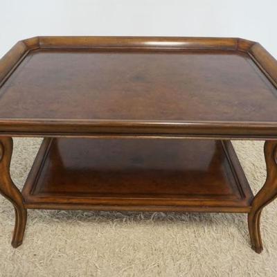 1214	MAITLAND SMITH BURL WOOD TOP COCKTAIL TABLE WITH BRONZE MOUNTS AND TOOLED BORDER DESIGN, APPROXIMATELY 26 IN X 38 IN X 22 IN H
