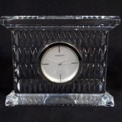 1125	WATERFORD CRYSTAL MARQUIS CLOCK, APPROXIMATELY 8 IN X 2 IN X 5 IN AND 4 IN LISMORE CANDLESTICKS
