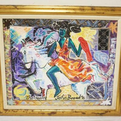 1042	JOHN BROAD PAINTING ON BOARD TITLED *THE QUEEN* ARTIST SIGNED, APPROXIMATELY 36 IN X 30 IN OVERALL

