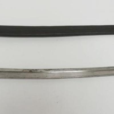 1053	ANTIQUE SWORD & LEATHER/BRASS SCABBARD INSCRIBED ON TOP OF BLADE, APPROXIMATELY 28 IN LONG
