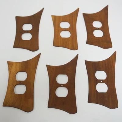 1037	6 VINTAGE UNUSUAL MIDCENTURY MODERN STREAMLINE TEAK DUPLEY WALL SOCKETS PLATE COVERS, EACH APPROXIMATELY 8 IN X 3 1/4 IN
