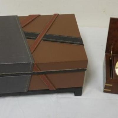 1151	SMALL TABLE TOP LEATHER WRAPPED STORAGE BOX APPROXIMATELY 18 IN X 11 IN X 8 IN H, AND DESKTOP CLOCK THERMOMETER
