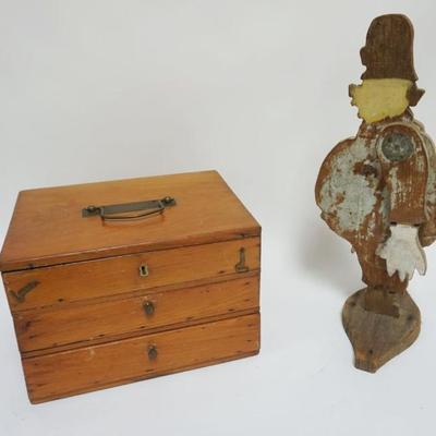 1087	PINE LIFT TOP 2 DRAWER STORAGE BOX, APPROXIMATELY 9 IN X 12 IN X 8 IN HIGH & FOLK ART CUT OOUT W/MOVING ARMS
