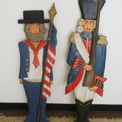 1264	PAIR OF WOOD FOLK ART CARVED AND PAINT DECORAED PATROITIC FIGURES, TALLEST APPROXIMATELY 50 IN H
