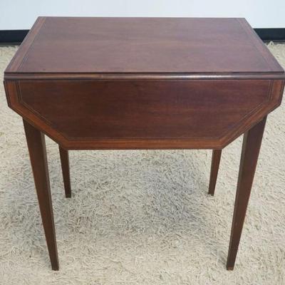 1224	BAKER PEMBROOK MAHOGANY DROP LEAF TABLE WITH BANDED INLAID BORDERS AND TRIM, APPROXIMATELY 24 IN X 17 IN X 27 IN H, LEAF 7 IN
