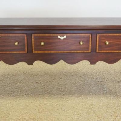 1237	HENKEL HARRIS *JAMESTOWN COLONY* MAHOGANY 3 DRAWER HUNT BOARD, EACH DRAWER FRONT BANDED, APPROXIMATELY 78 IN X 21 IN X 34 IN H
