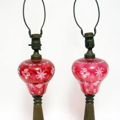 1112	PAIR OF ANTIQUE KEROSENE LAMPS WITH CRANBERRY FLASHED TO CLEAR GLASS FONTS, FLUTED BRASS COLUMNS ON MARBLE BASES, APPROXIMATELY 27...