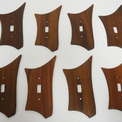 1039	8 VINTAGE MIDCENTURY MODERN STREAMLINE TEAK WALL LIGHT SWITCH COVERS, APPROXIMATELY 7 1/2 IN X 4 IN
