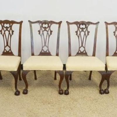 1211	6 MAHOGANY CHIPPENDALE STYLE CHIARS WITH UPHOLSTERED SEATS, ORNATE CARVED BALL & CLAW FEET, 2 ARM AND 4 SIDE, SOME STAINING ON...