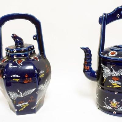 1118	2 ASIAN COBALT PORCELAIN TEA POTS, LARGEST APPROXIMATELY 13 IN H
