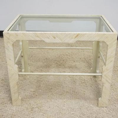 1240	GLASS TOP LAMP TABLE ON WOOD BASE WITH SHEATHED BONE STYLE EXTERIOR, SOME LOSS, APPROXIMATELY 30 IN X 20 IN X 26 IN H
