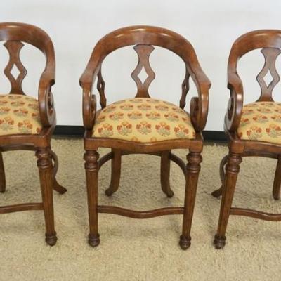 1223	MINTON SPIDELL SET OF 3 CURVED ARM BAR STOOLS WITH FLUTED LEGS AND UPHOLSTERED SEATS, EACH APPROXIMATELY 24 IN X 21 IN X 43 IN H
