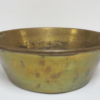 1067	ANTIQUE BRASS JAM POT W/APPLIED LOOP BRASS HANDLES, APPROXIMATELY 20 IN X 9 IN OVERALL
