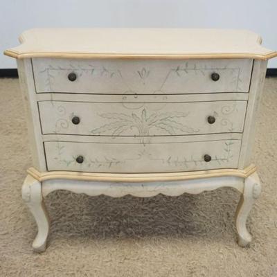 1218	BALLARD DESIGNS IVORY FINISHED 3 DRAWER CHEST WITH VINE AND PLANT ACCENTS, APPROXIMATELY 30 IN X 18 IN X 32 IN H
