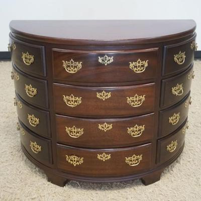 1222	BAKER DEMILUNE 4 DRAWER MAHOGANY CHEST WITH FAUX DRAWERS ON EITHER SIDE, APPROXIMATELY 37 IN X 19 IN X 28 IN H

