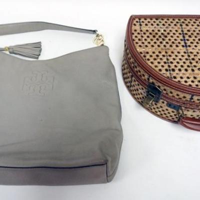 1152	TORY BURCH LEATHER TOTE, AND VINTAGE CLOTH COVERED TRAVEL MAKE UP CASE
