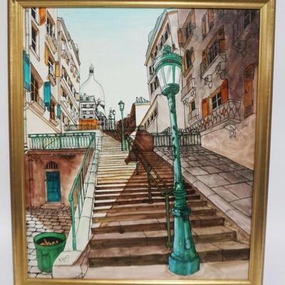 1064	ARTIST SIGNED FRAMED ARTWORK ON CANVAS, CONTINENTAL STREET SCENE, APPROXIMATELY 23 IN X 27 IN OVERALL
