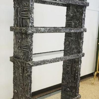 1182	BRUTALIST ADRIAN PEARSALL TEXTURED MID CENTURY MODERN BOOK SHELF WITH INSET GLASS SHELVES, APPROXIMATELY 41 IN X 14 IN X 82 IN H
