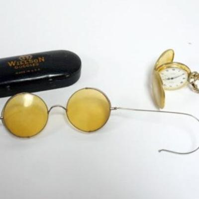 1158	VULCAIN 17 JEWEL POCKET WATCH AND WILSON AMBER TINTED SAFETY GLASSES WITH CASE
