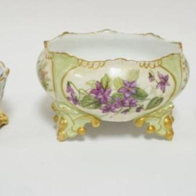 1020	HAND PAINTED LIMOGES FOOTED BOWL, SHAVING MUG & UNMARKED COVERED DISH, FOOTED BOWL HAS IMAGES OF DIFFERENT FLORAL ARRANGMENTS...