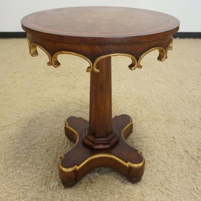 1219	JOHN RICHARDS INLAID PEDISTAL TABLE WITH GILT FINISHED ACCENTS, APPROXIMATELY 34 IN X 29 IN H
