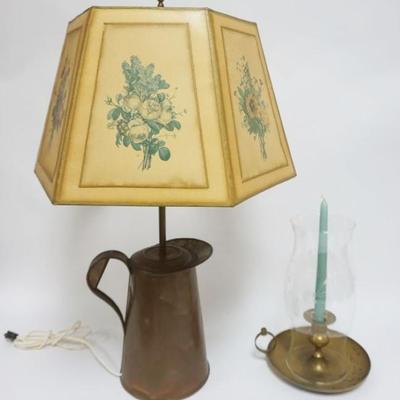 1074	BRASS CHAMBER STICK W/HURRICANE SHADE & PRIMITIVE COPPER POT MODIFIED TO TABLE LAMP, LARGEST PIECE APPROXIMATELY 28 IN HIGH

