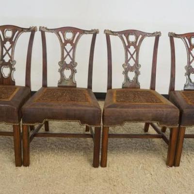 1216	MAITLAND SMITH SET OF 4 MAHOGANY CHIARS WITH LEATHER AND UPHOLSTERED SEATS, BRASS TACKING ACCENTS AND GILT FINISHED HIGHLIGHTS, EACH...