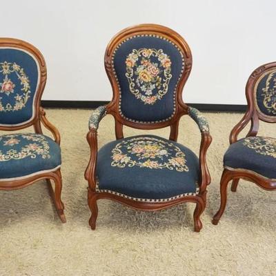 1250	GROUP OF 3 VICTORIAN FINGER CARVED WALNUT NEEDLE POINT PARLOR CHAIRS AND ROCKER
