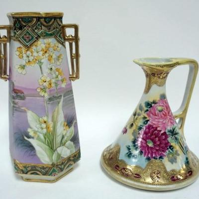 1116	HAND PAINTED NIPPON PITCHER AND DOUBLE HANDLED VASE, TALLEST APPROXIMATELY 9 1/2 IN H
