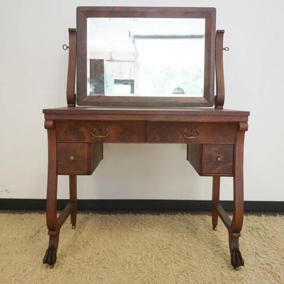 1244	MAHOGANY EMPIRE STYLE CLAW FOOT DRESSING TABLE WITH BEVELED GLASS MIRROR IN OGEE FRAME, APPROXIMATELY 40 IN X 21 IN X 57 IN H
