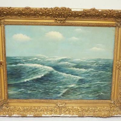 1041	OIL PAINTING ON BOARD, SEASCAPE, ARTIST SIGNED, LOSS TO FRAME, APPROXIMATELY 35 IN X 28 IN OVERALL
