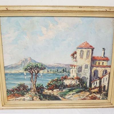 1040	OIL PAINTING ON BOARD, MEDITERRANEAN LANDSCAPE, ARTIST SIGNED L GECHTOFF, APPROXIMATELY 37 IN X 30 IN HIGH OVERALL
