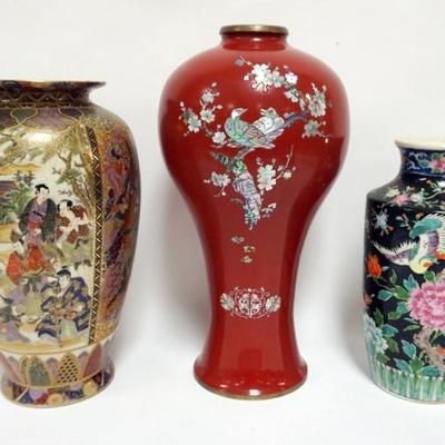 1123	GROUP OF ASSORTED ASIAN ITEMS, INCLUDING ENAMELED AND MOTHER OF PEARL VASE, SATSUMA VASE, ETC. LARGEST PIECE APPROXIMATELY 18 IN H

