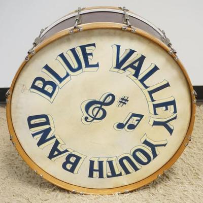 1032	LARGE VINTAGE DRUM *BLUE NAVY YOUTH BAND* MARKED WFL DRUMS LUDWIG DRUM CO, DRUM APPROXIMATELY 27 IN X 13 IN DEEP
